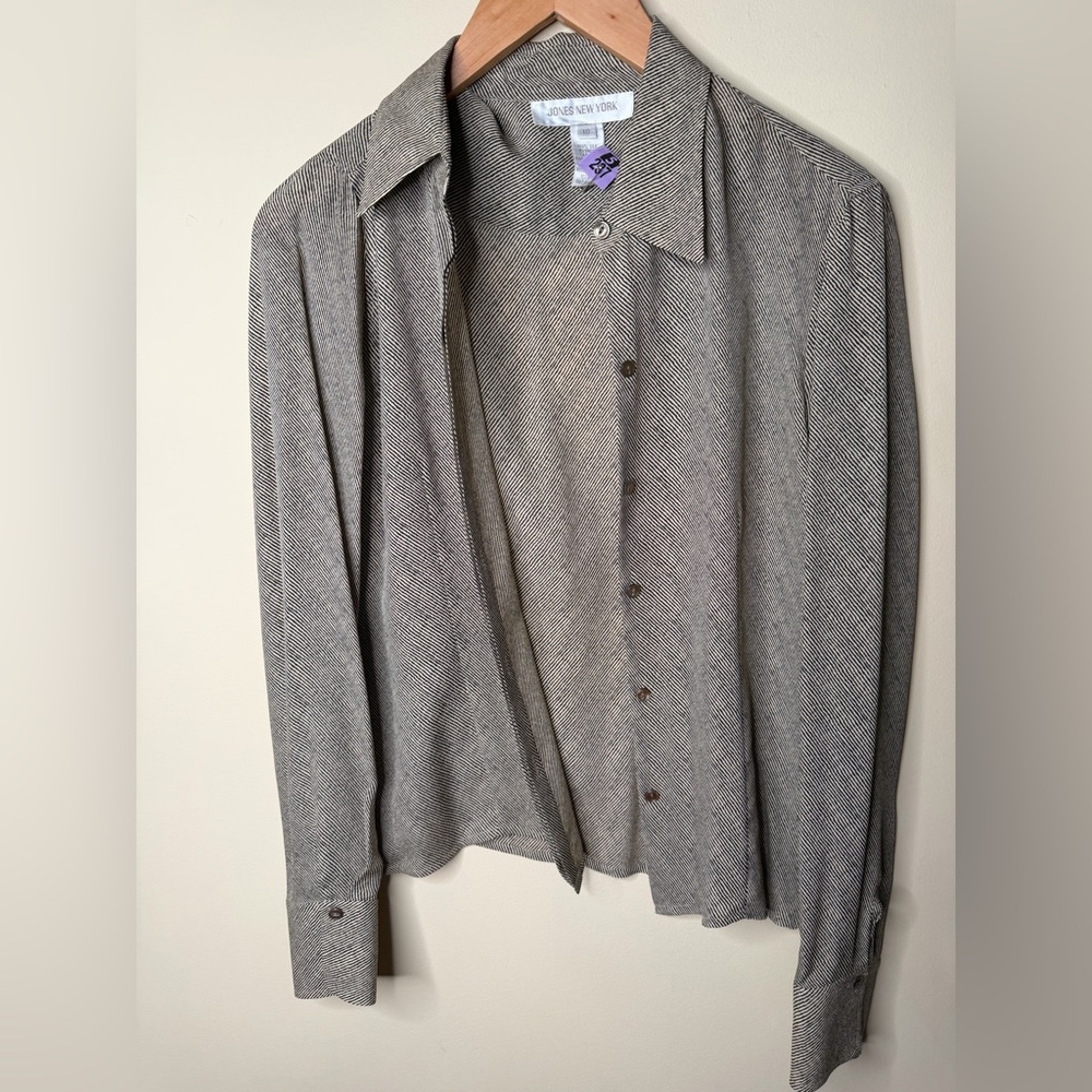 Vintage Jones New York 100% Silk Brown Patterned Button Up Long Sleeve Summer